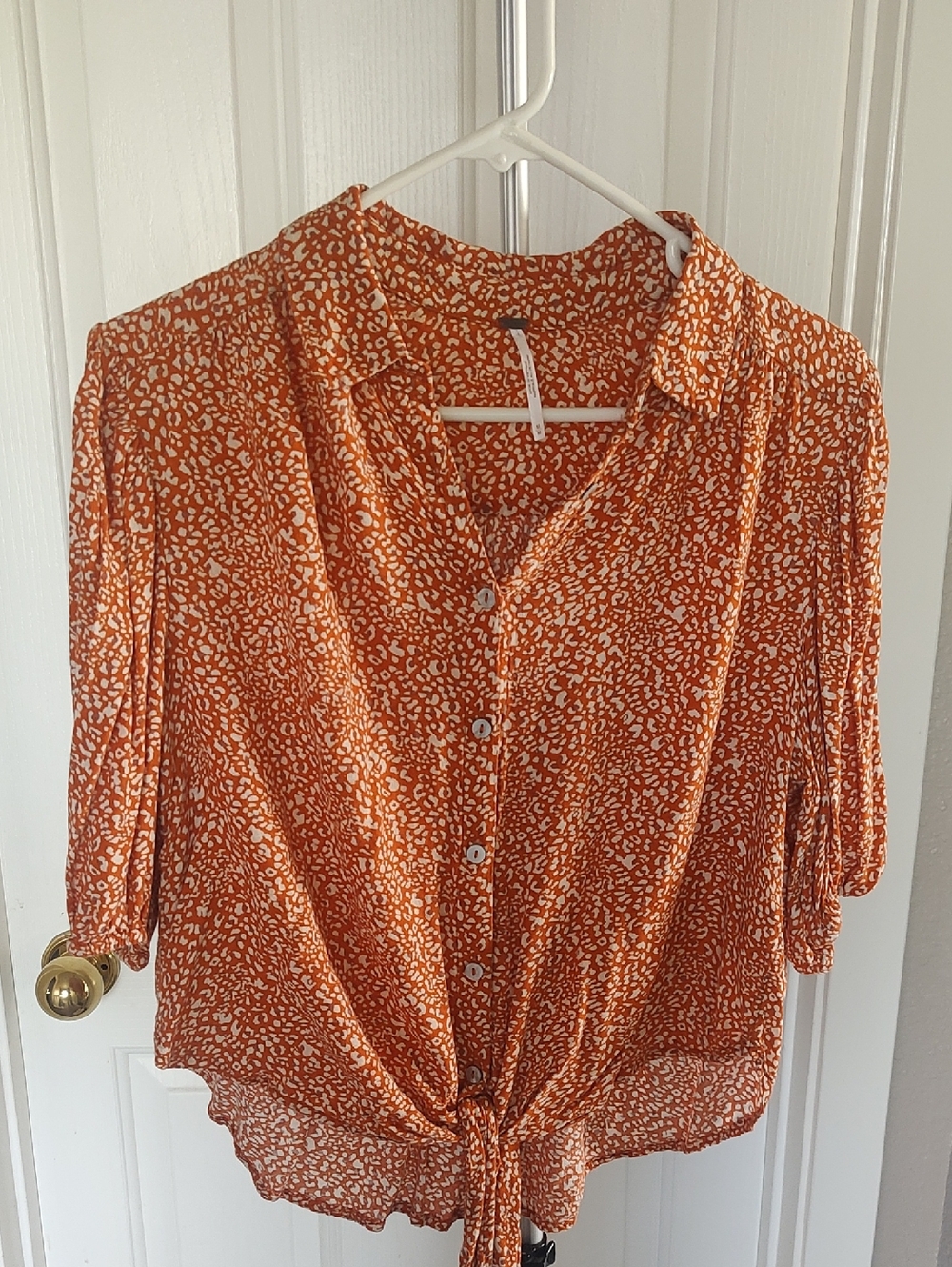Free People Women's Orange Printed Tie-Front Button-Up Top
